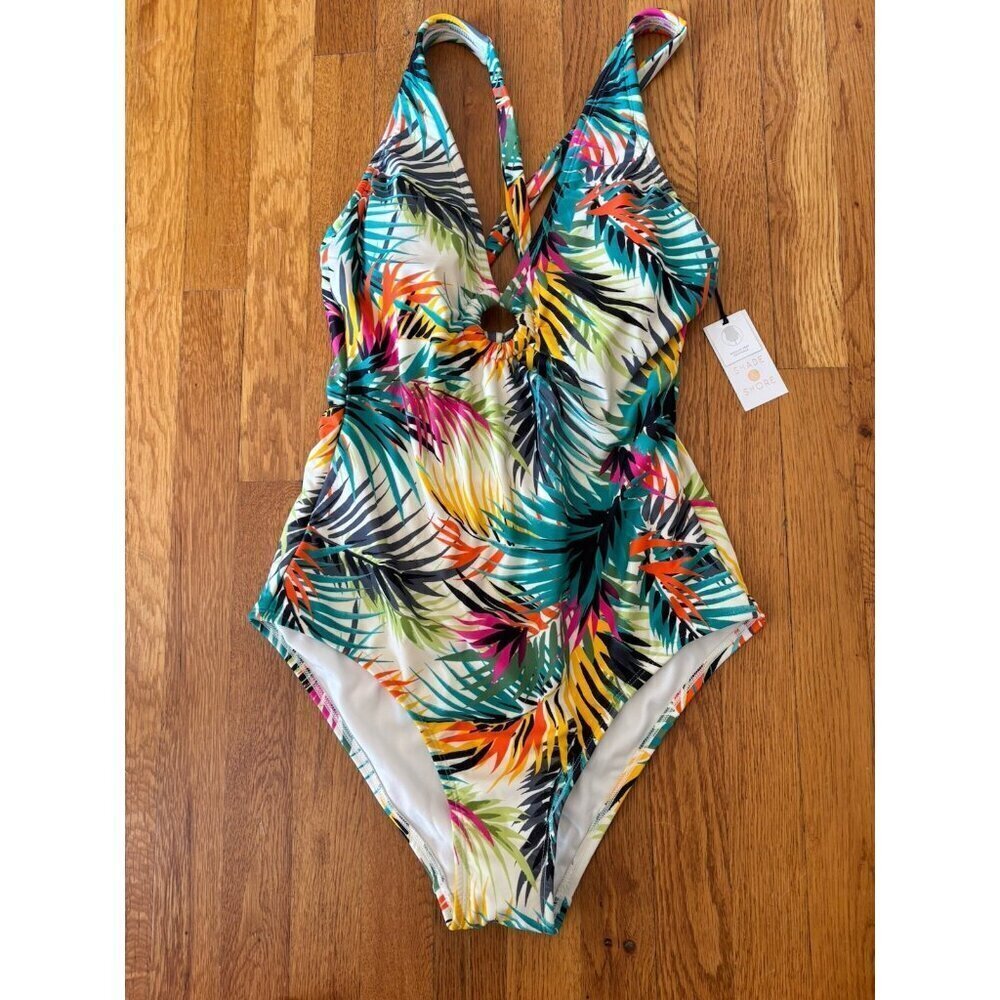 NWT Shade & Shore Womens Size Large One Piece Swimsuit Multicolor Leaf Print